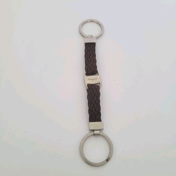 Ferragamo Key Chain Ring Fob Ring Charm Leather Brown Silver Small Keychain - Picture 1 of 7
